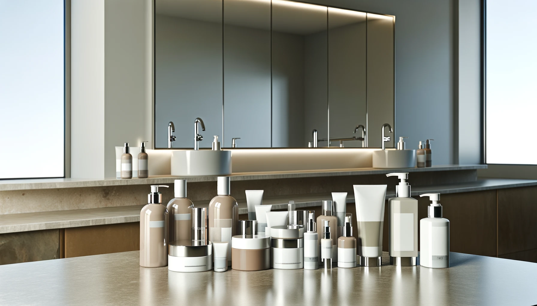 skincare products arranged in a bathroom. The products are placed on a countertop near a sink or mirror, with a variety of bottles, jars and tubes.