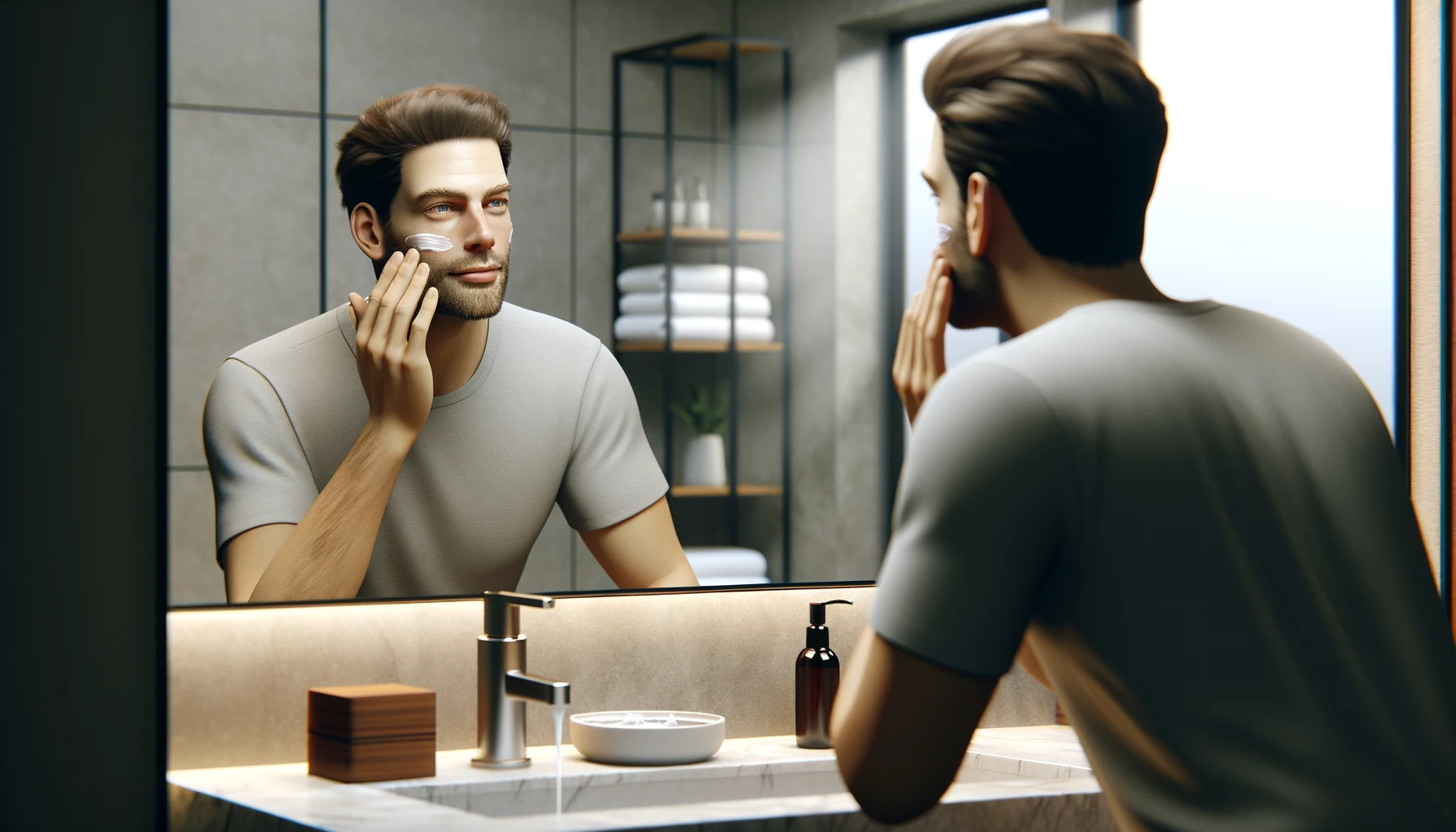 a young man applying cream on his face in a bathroom. 