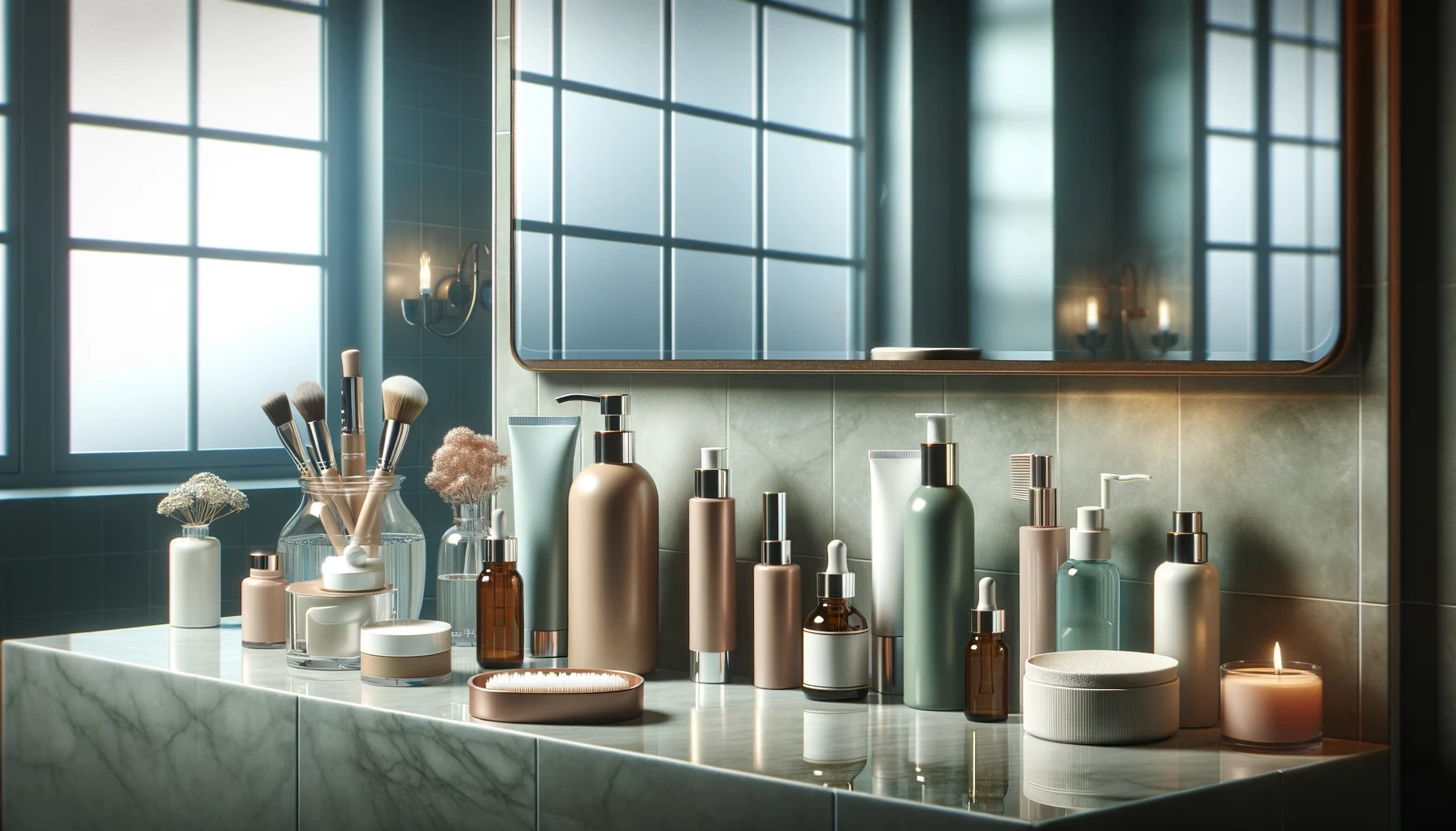 A serene bathroom setting with a countertop displaying various skincare products including moisturizers, serums, and cleansers.