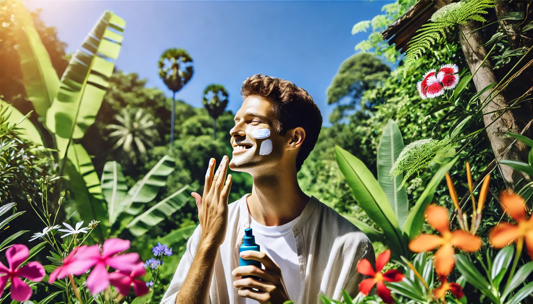 A man is applying sunscreen on his face in a sunny outdoor setting to protect his skin.