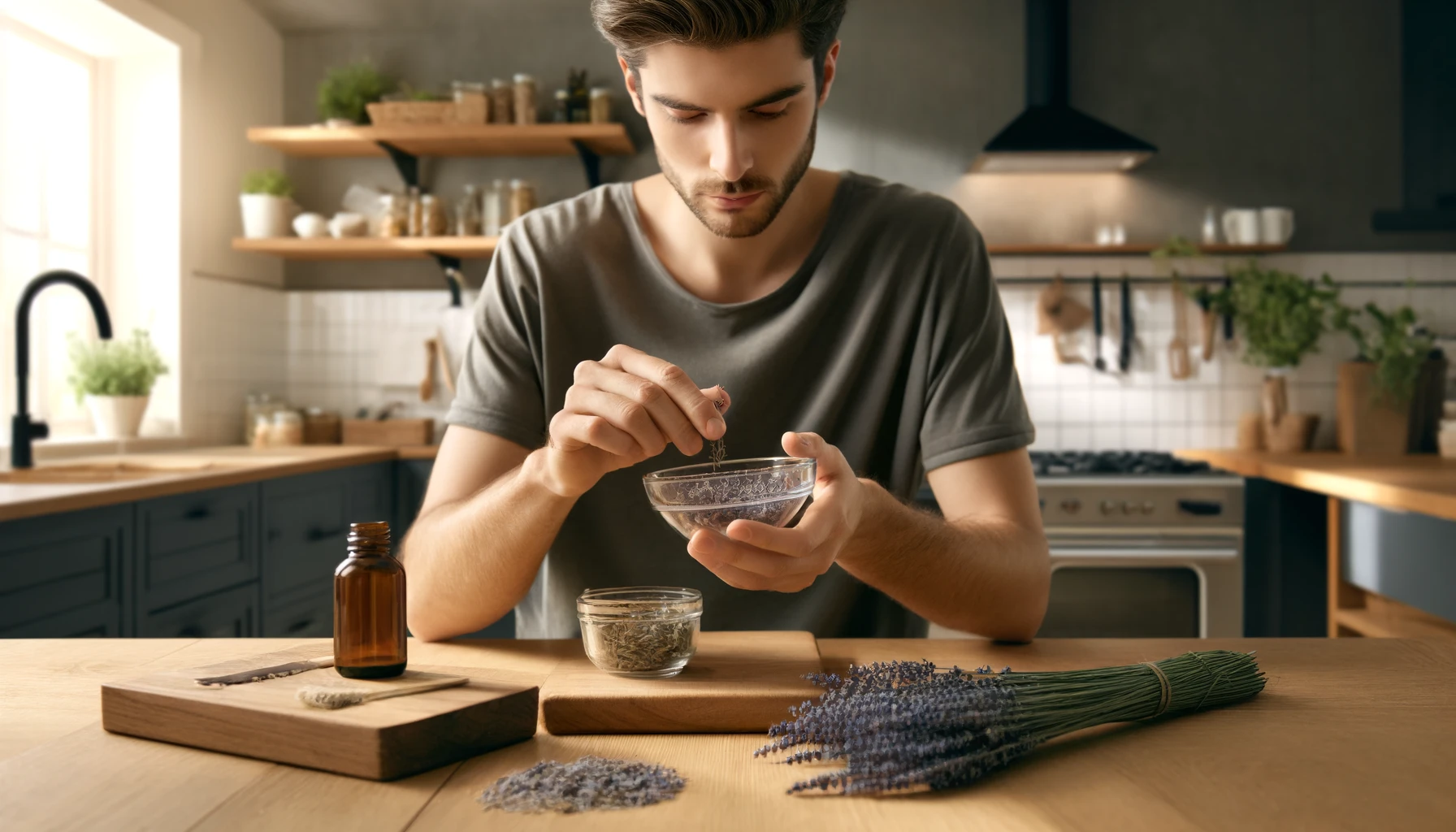 a man creating a herbal skincare product in a modern home kitchen. He is carefully mixing dried lavender into a small glass bowl containing a homemade skincare blend.