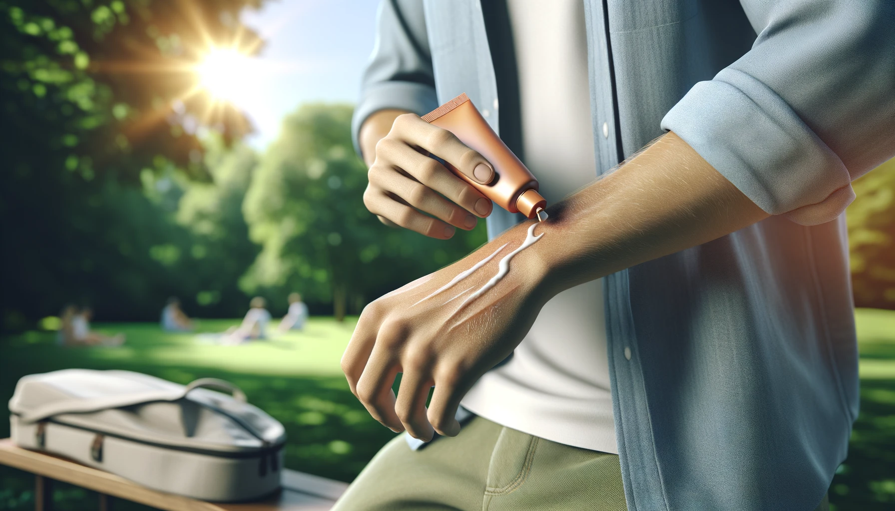 a person applying sunscreen to their forearm in an outdoor setting, emphasizing the importance of UV protection for scars.
