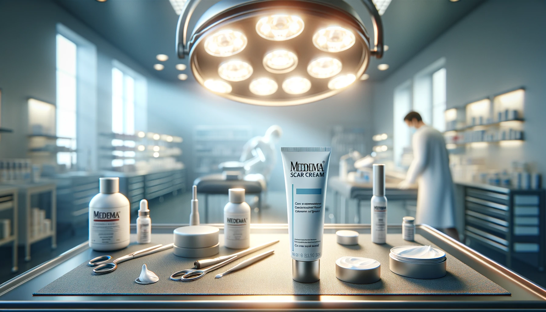 a clinical skincare setup showing a table with various over-the-counter scar treatment products like creams and gels, under bright lighting.