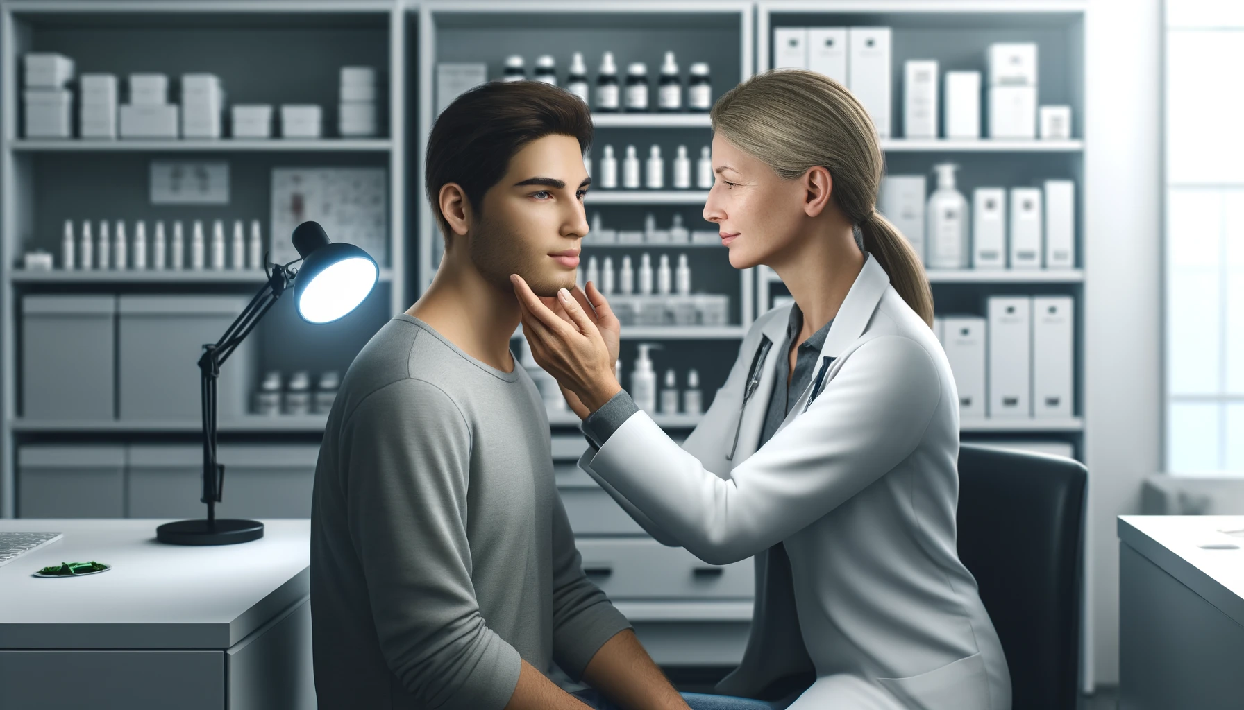 a person consulting with a dermatologist in a modern clinic. The dermatologist, a middle-aged Caucasian woman, is examining the patient’s face gently with a small light. The patient is a young Hispanic man.
