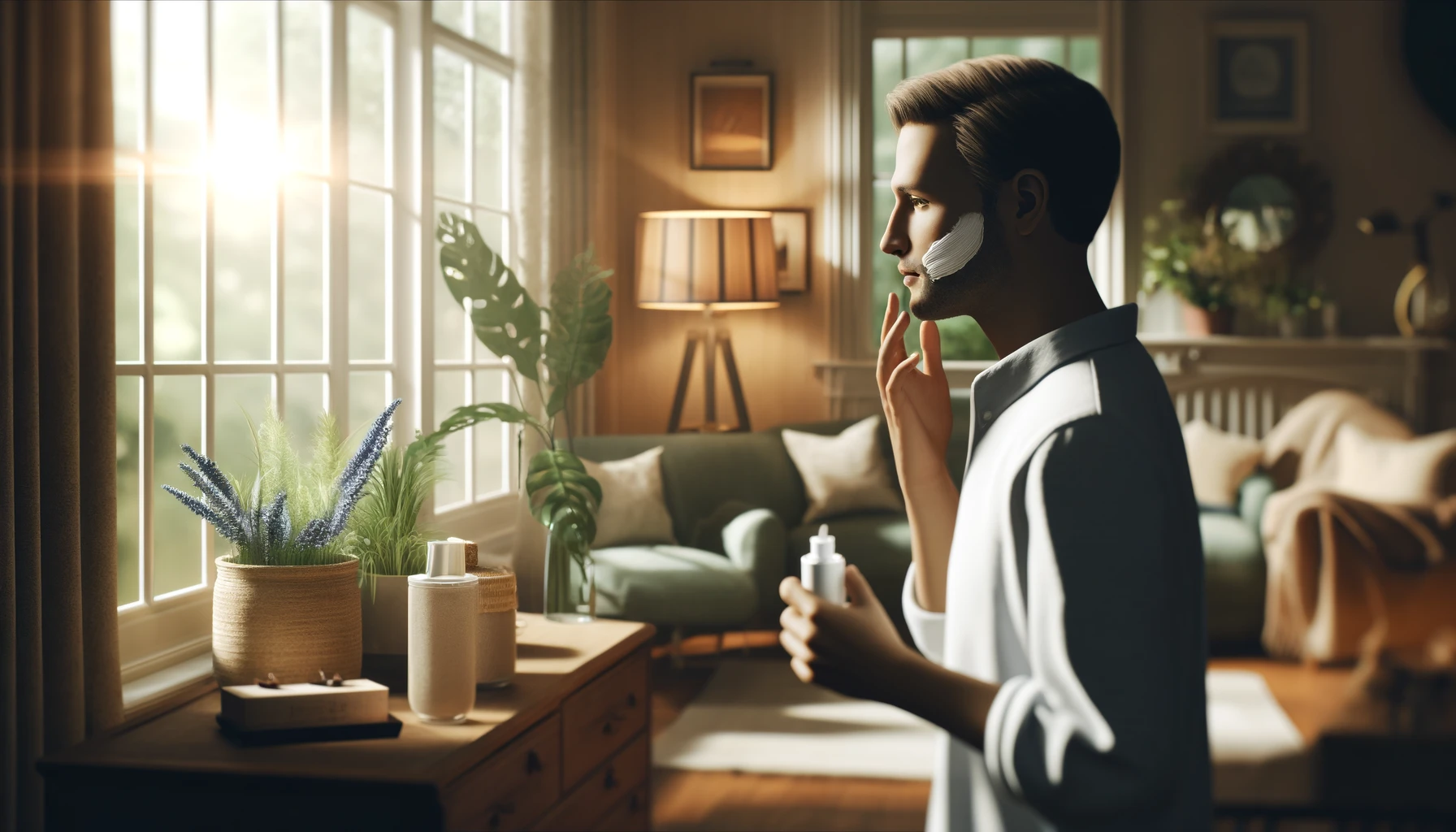 a man applying cream on his face in a living room.