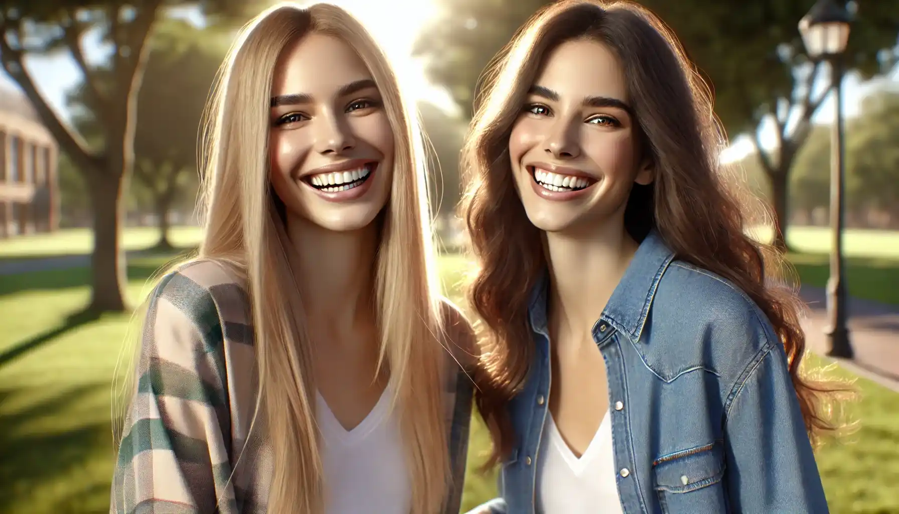 two smiling, happy women in a sunny outdoor setting. They are standing together in a park, laughing and enjoying each other's company. 