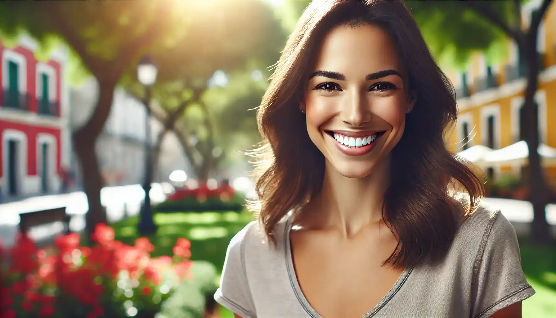 a smiling, happy woman in an outdoor setting. She is standing in a sunny park with trees and flowers in the background, wearing casual clothing. 