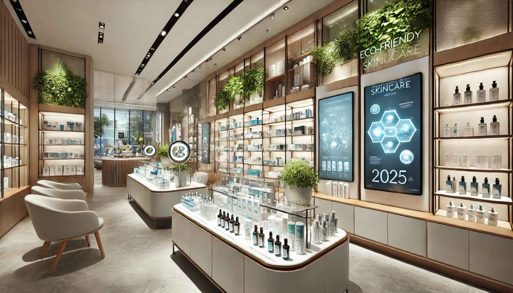a sophisticated skincare boutique in 2025, reflecting the trend of eco-friendly and personalized skincare products. 