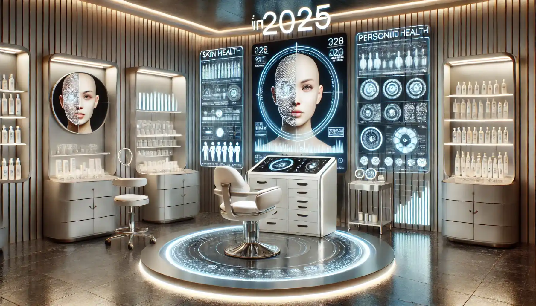 A futuristic skincare consultation room in 2025, showcasing a blend of advanced technology and personalized skincare solutions.
