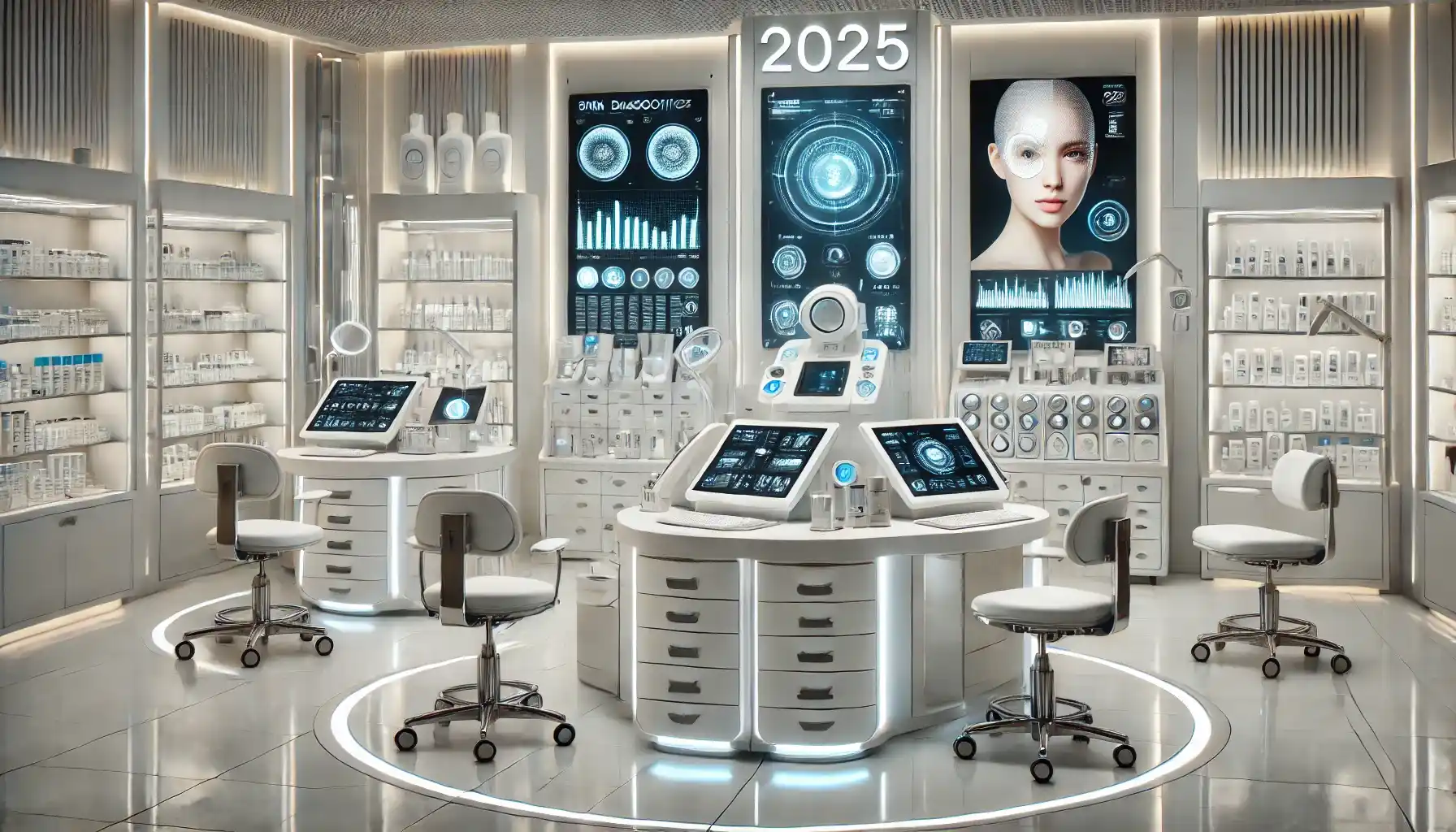 A high-tech skincare laboratory setting in 2025, featuring advanced diagnostic equipment and digital displays. 