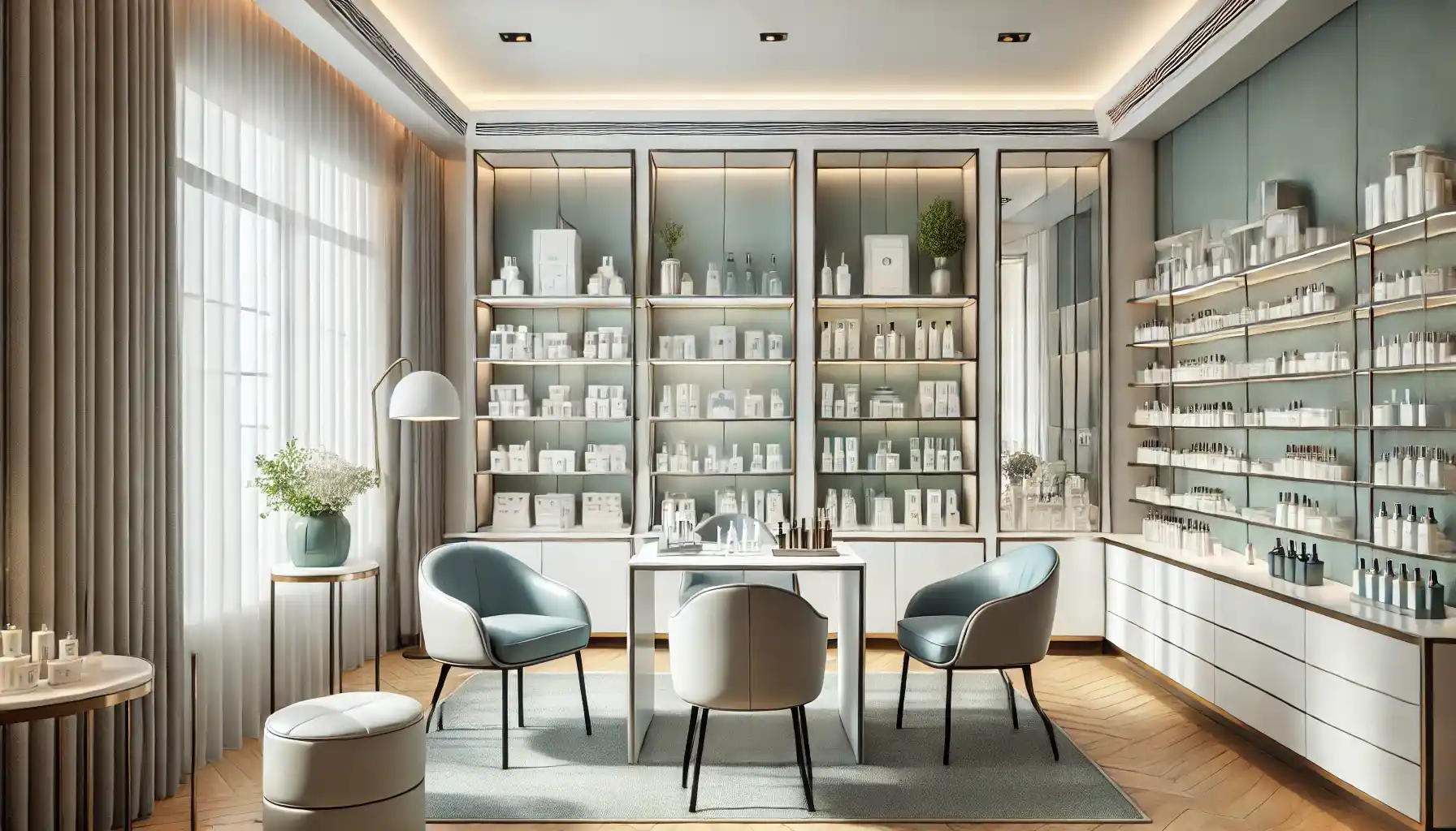 the modern and elegant consultation room for skincare, designed as described.
