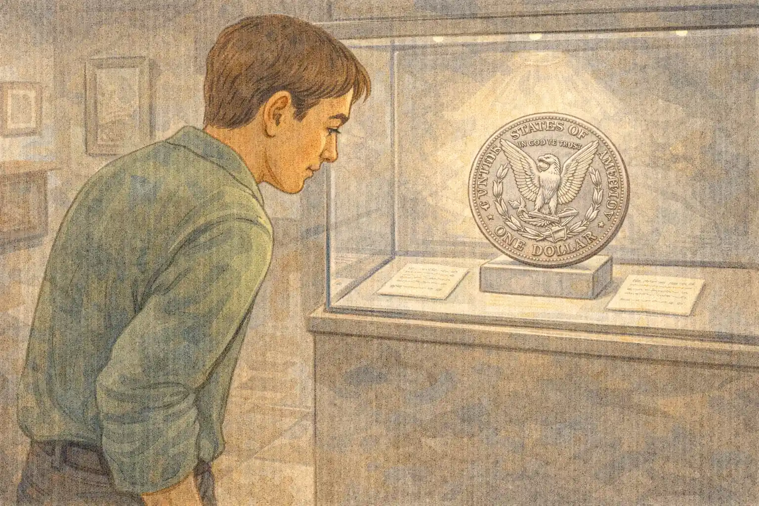 A museum visitor observes a shelf with an American dollar coin.
