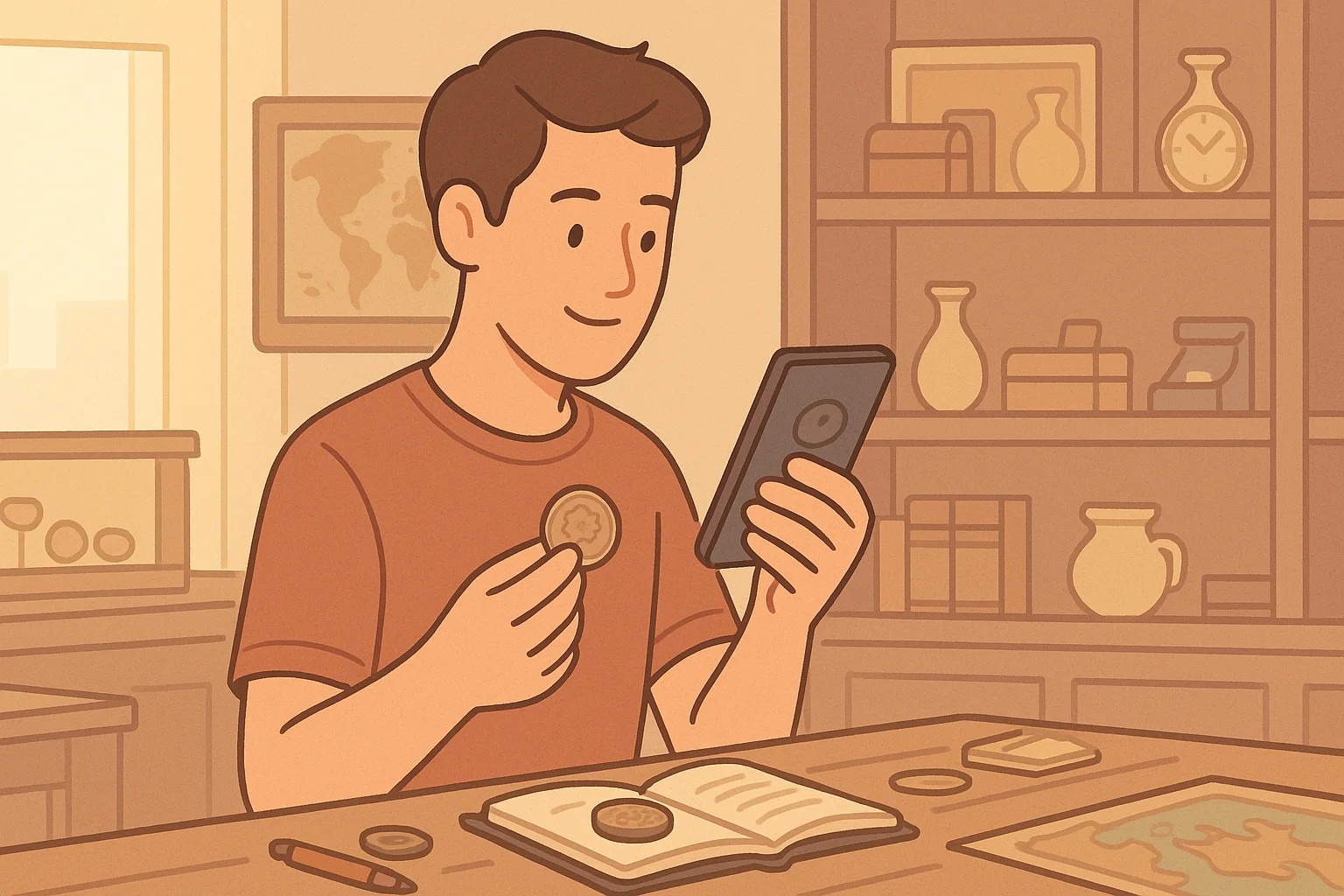 A collector checks coins via a coin ID app at the local store.