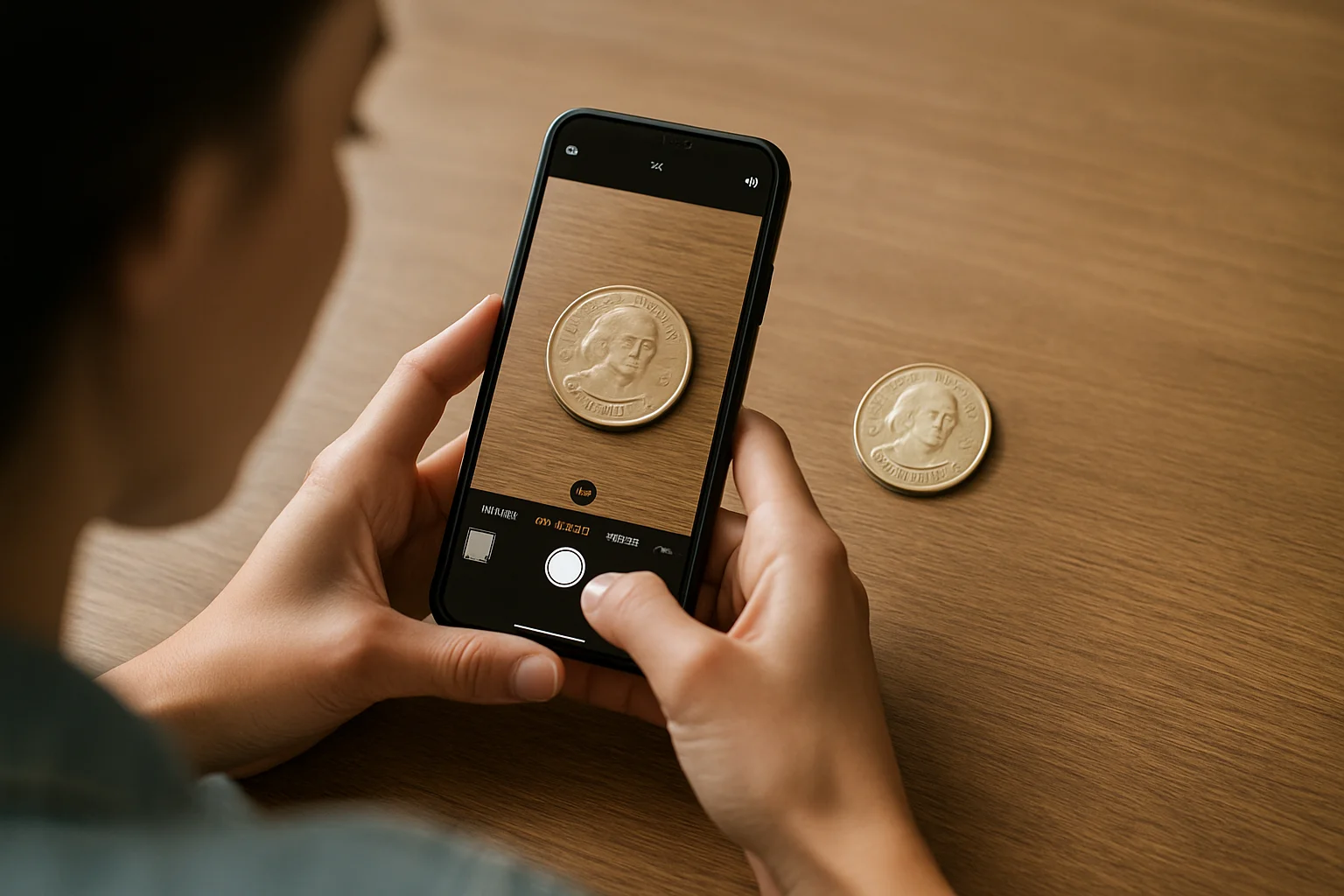 A woman uses her smartphone to photograph a dollar coin lying on the table, capturing its details for identification.